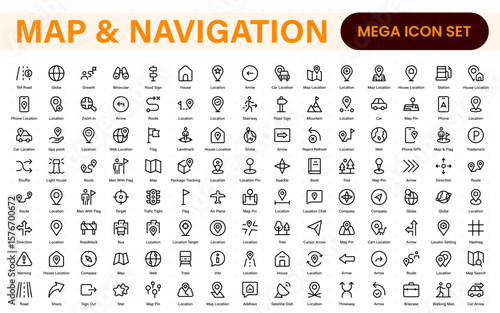 Map Navigation Line Icons vector. symbol of map location, Route, Marker, road trip, and icons.Location pin icons set—modern marker collection. Pinpoint. Map place marker. pointer GPS location symbol.