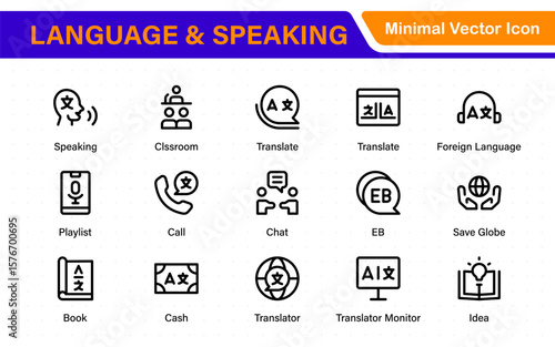 Language and speaking web icon set in line style. Language translation, linguistics, speaking, dictionary, listening skills, writing, translate, collection.