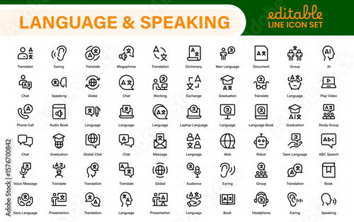 Language and speaking web icon set in line style. Language translation, linguistics, speaking, dictionary, listening skills, writing, translate, collection.