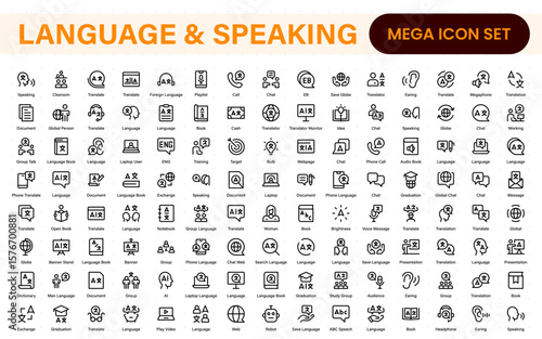 Language and speaking web icon set in line style. Language translation, linguistics, speaking, dictionary, listening skills, writing, translate, collection.