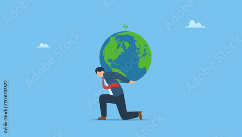 Businessman carrying green globe with seedling plant on his shoulder. Symbolizes world leader commitment to take care our planet earth. Climate change and global warming responsibility.