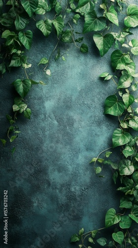 Lush Green Vines Framing Dark Textured Teal Background Organic Nature Theme