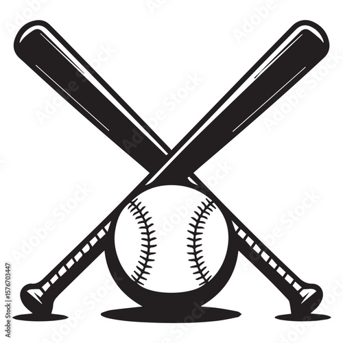 Classic black and white graphic illustration of a baseball crossed with two baseball bats on a white background