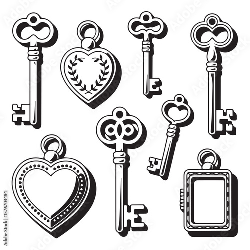 Collection of antique skeleton keys and decorative lockets with heart and rectangular shapes on a white background