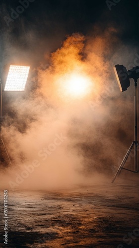 Bright Studio Lights Illuminating Dramatic Orange Smoke in Dark Professional Photography Studio