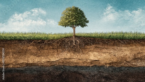 A solitary tree stands in a grassy field, its extensive root system revealed in a cutaway view showcasing diverse soil layers beneath