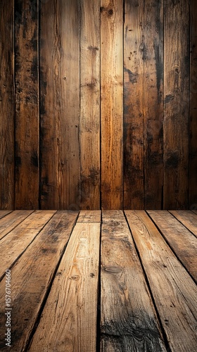 Rustic Weathered Wooden Wall and Floor Background Texture Dark Brown Wood Surface in Empty Room