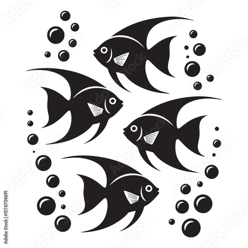 Stylized black silhouette angelfish swimming together with bubbles in a clean white background