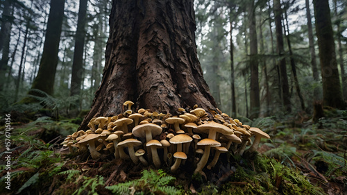 Ancient tree trunk covered in a variety Mushrooms