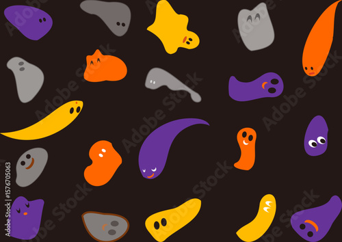 おばけたち素材・黒背景・・halloween, ・ハロウィンのイメージカラー