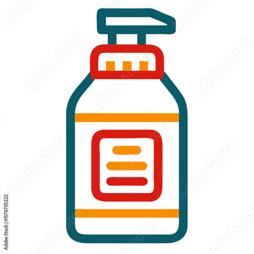 Liquid soap bottle illustration in flat design with red and orange accents, liquid soap bottle for hygiene. Design shows liquid soap bottle in minimalist style,