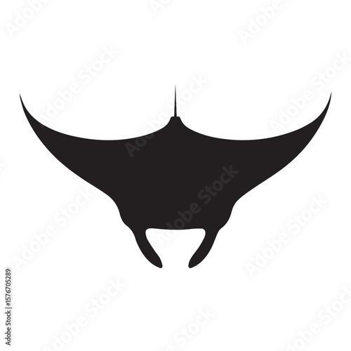 A stark black silhouette of a majestic manta ray gracefully gliding through the ocean on a clean white background