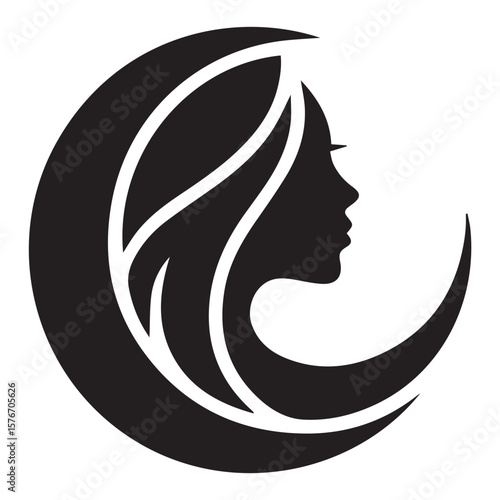 Stylized black silhouette of a woman s profile with flowing hair encased in a crescent moon shape