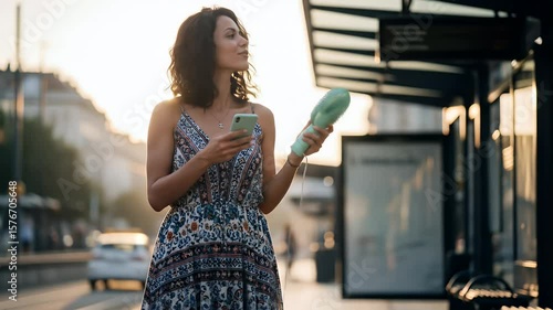 Woman using mobile phone and portable fan at outdoor bus stop during the golden hour effect heatwave climate global change