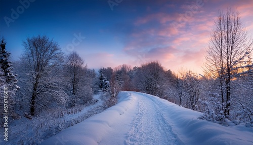 serene winter path winding through snow covered landscape at dusk