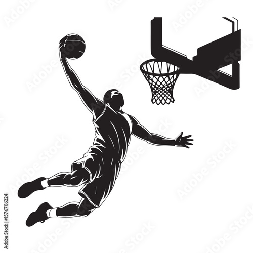 Dynamic silhouette of a basketball player soaring through the air for a powerful slam dunk