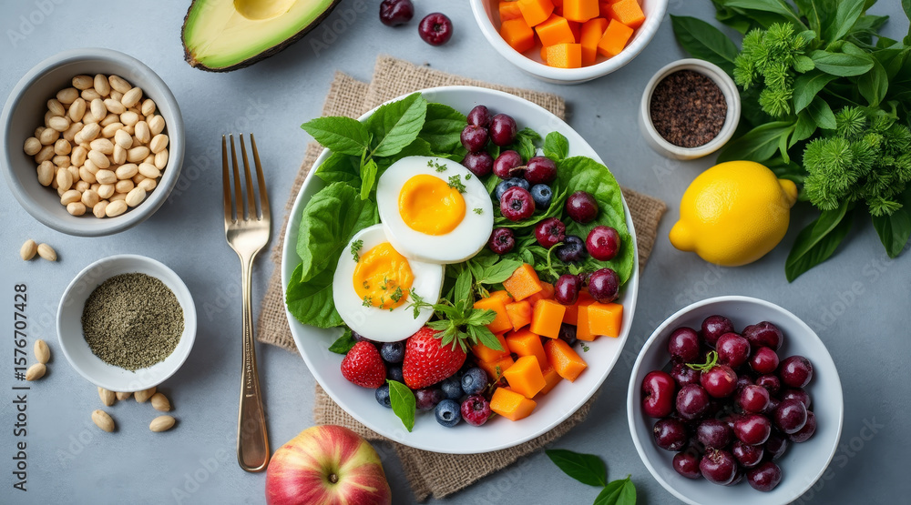 Magnesium and nutrition concept ,Healthy meal prep with magnesium rich ingredients including boiled egg, fresh fruit Magnesium and nutrition concept ,Healthy meal prep with magnesium rich ingredients including boiled egg, fresh fruit