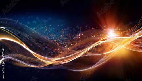 a glowing abstract wave of light and particles flows gracefully against a dark blurred background
