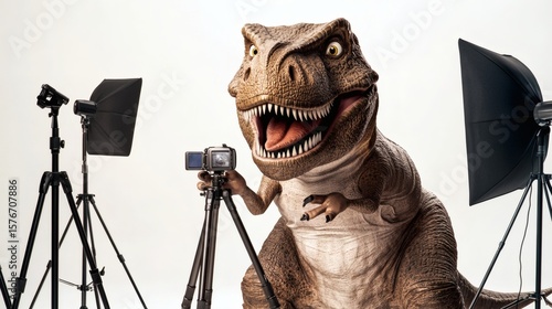 A large dinosaur takes pictures with a small camera and lights