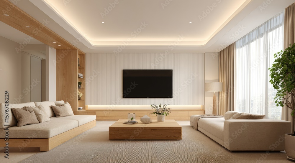 Modern minimalist living room with light wood furniture, neutral tones, and recessed lighting. A large flat-screen TV is mounted on a light wall Modern minimalist living room with light wood furniture, neutral tones, and recessed lighting. A large flat-screen TV is mounted on a light wall