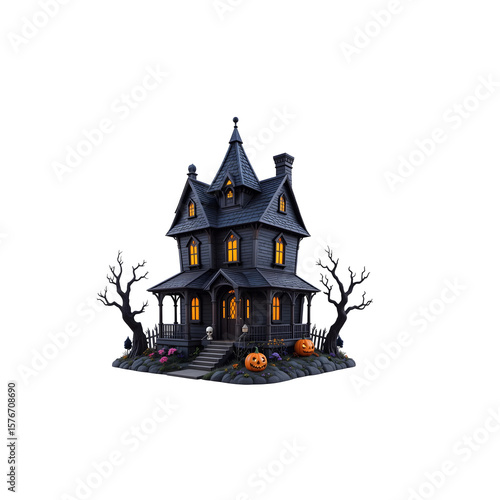Wallpaper Mural Spooky Halloween Haunted House with Lit Windows.A detailed, 3D model of a dark, gothic-style haunted house. Torontodigital.ca