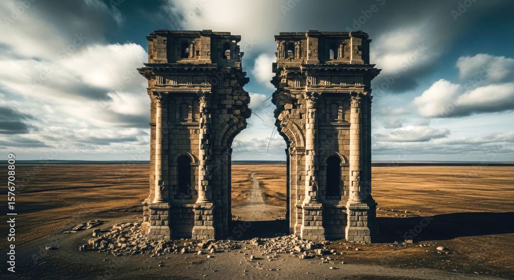 Fototapeta premium Two crumbling, colossal stone pillars stand as desolate remnants in a vast, empty landscape under a dramatic, cloudy sky, with a road stretching into the distance.