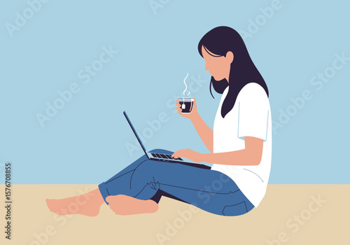 Woman enjoys coffee break with laptop, blending work and relaxation in a minimalist, pastel-toned scene.