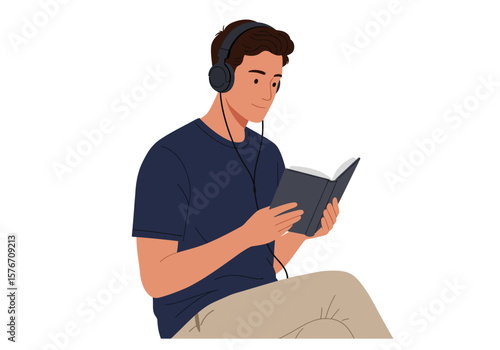 Relaxed Young Man Listening to Music and Reading a Book, Enjoying Leisure Time at Home