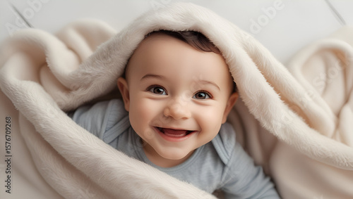 Smiling baby boy lying under a soft cozy blanket