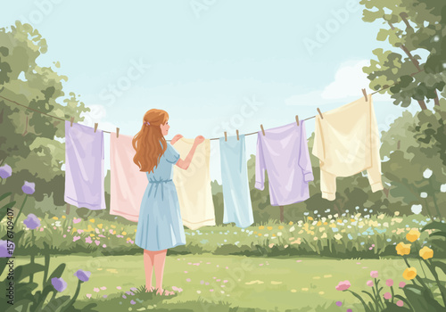 Laundry Day Woman Hanging Clothes on a Clothesline in a Sunny Garden with Colorful Flowers