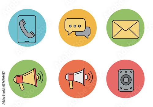 Communicative Icons Set Phone, Speech Bubbles, Email, Megaphone, Speaker for Communication