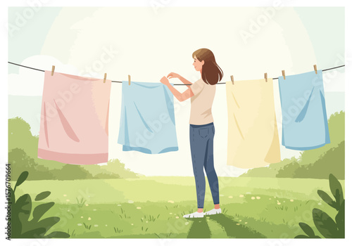 Woman hanging laundry on a clothesline on a sunny day, enjoying a simple chore with fresh air and nature's backdrop.