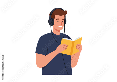 Man Enjoys Audiobook with Headphones and Book, Relaxation and Learning Concept
