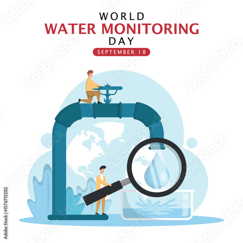 World Water Monitoring Day Poster. Little man monitors water quality
