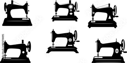 A Silhouette Pattern of Six Vintage Sewing Machines on a White Background
