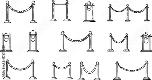 Black and White Illustration of Elegant Rope Barrier Stanchions for Crowd Control
