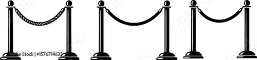 Black and White Illustration of Elegant Rope Barrier Stanchions for Crowd Control

