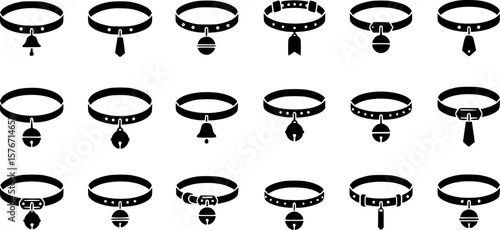 Diverse collection of black collars with pendant bells on a white background
