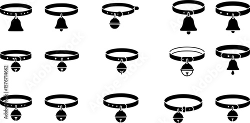 Diverse collection of black collars with pendant bells on a white background
