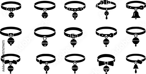 Diverse collection of black collars with pendant bells on a white background
