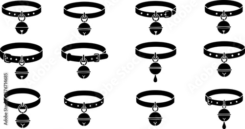 Diverse collection of black collars with pendant bells on a white background

