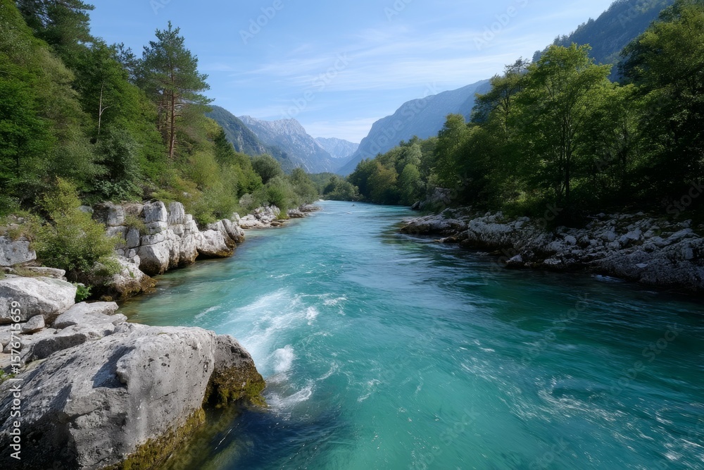 Turquoise mountain river flowing through lush forest and rocky landscape Turquoise mountain river flowing through lush forest and rocky landscape