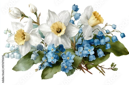 Delicate bouquet of white daffodils and blue forget-me-nots