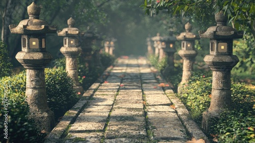 Tranquil stone pathway lined with ancient-style lanterns.