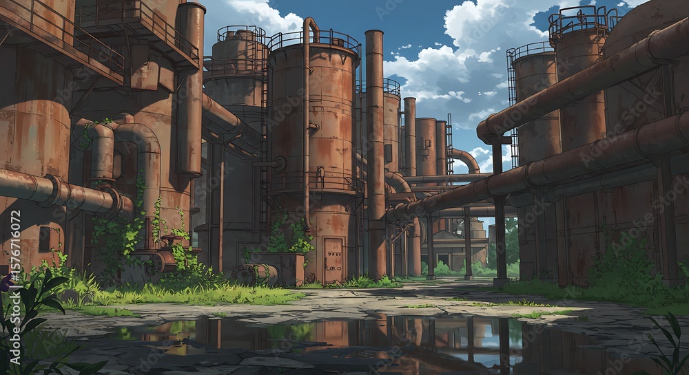 Fototapeta premium Abandoned Industrial Complex with Rusty Structures and Overgrown Plants on Sunny Day variation 3