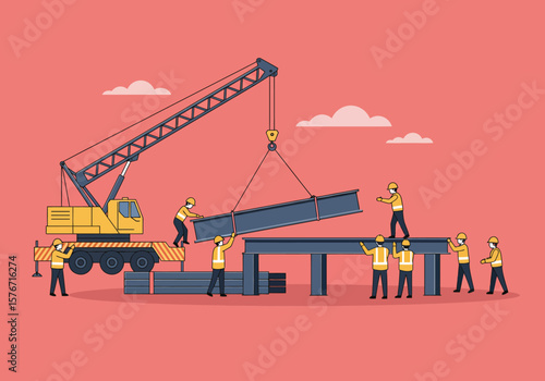 Engineering marvel A construction crew raising steel beams into place with crane illustration.