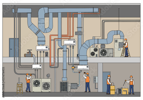 Industrial HVAC system technicians performing maintenance and repairs on complex ventilation and air conditioning equipment.