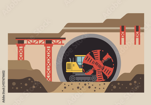 Cross-section illustration of an underground tunnel construction project. A yellow tunnel boring machine with a large red cutter head is actively excavating the ground for infrastructure.