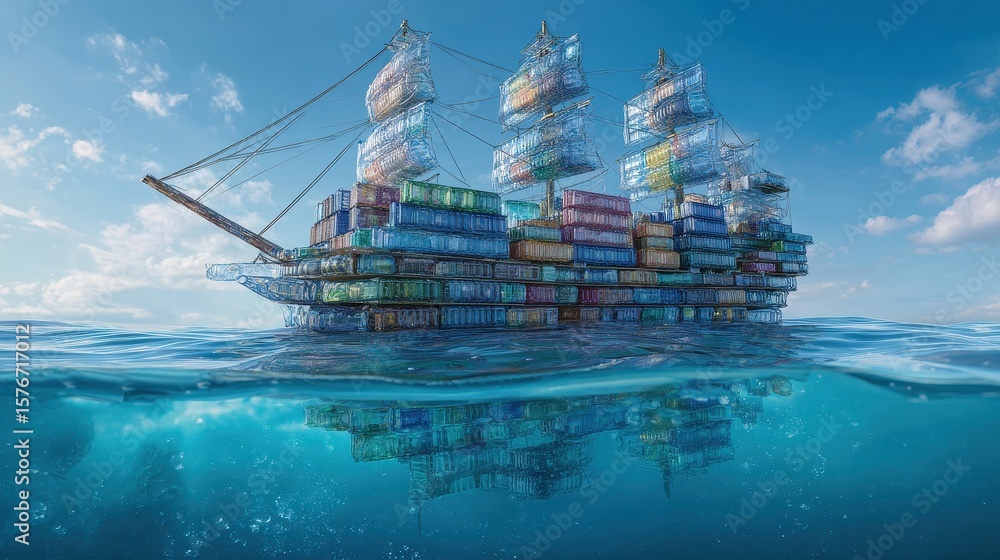 Obraz premium A ship made entirely from recycled plastic containers sailing on crystal-clear ocean, sustainability in trade