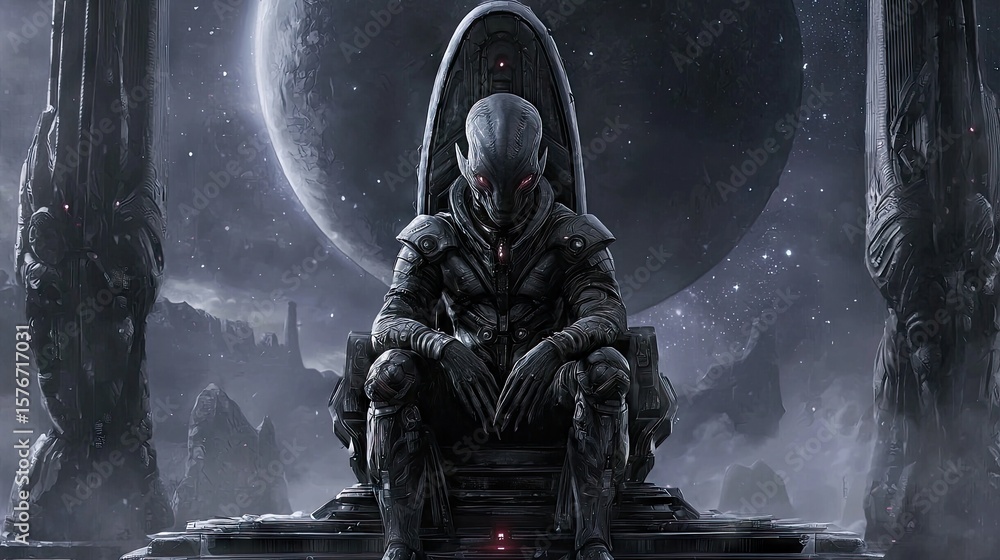 Fototapeta premium Alien figure seated on a throne in a cosmic landscape.